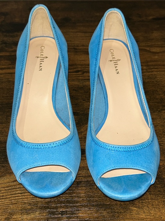 Cole Haan Shoes - Cole Haan Nike Aut Bright Blue Suede Peep-Toe wedge size 8B